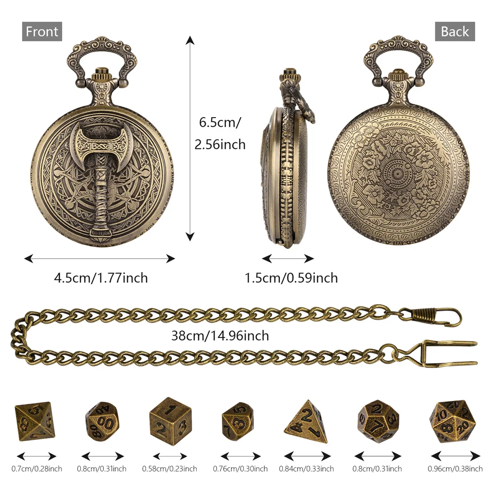 Vintage Relief Axe Bronze/Grey Black Pocket Watch Case with Pocket Chain Mini Polygon Dice Sets Gift for Men