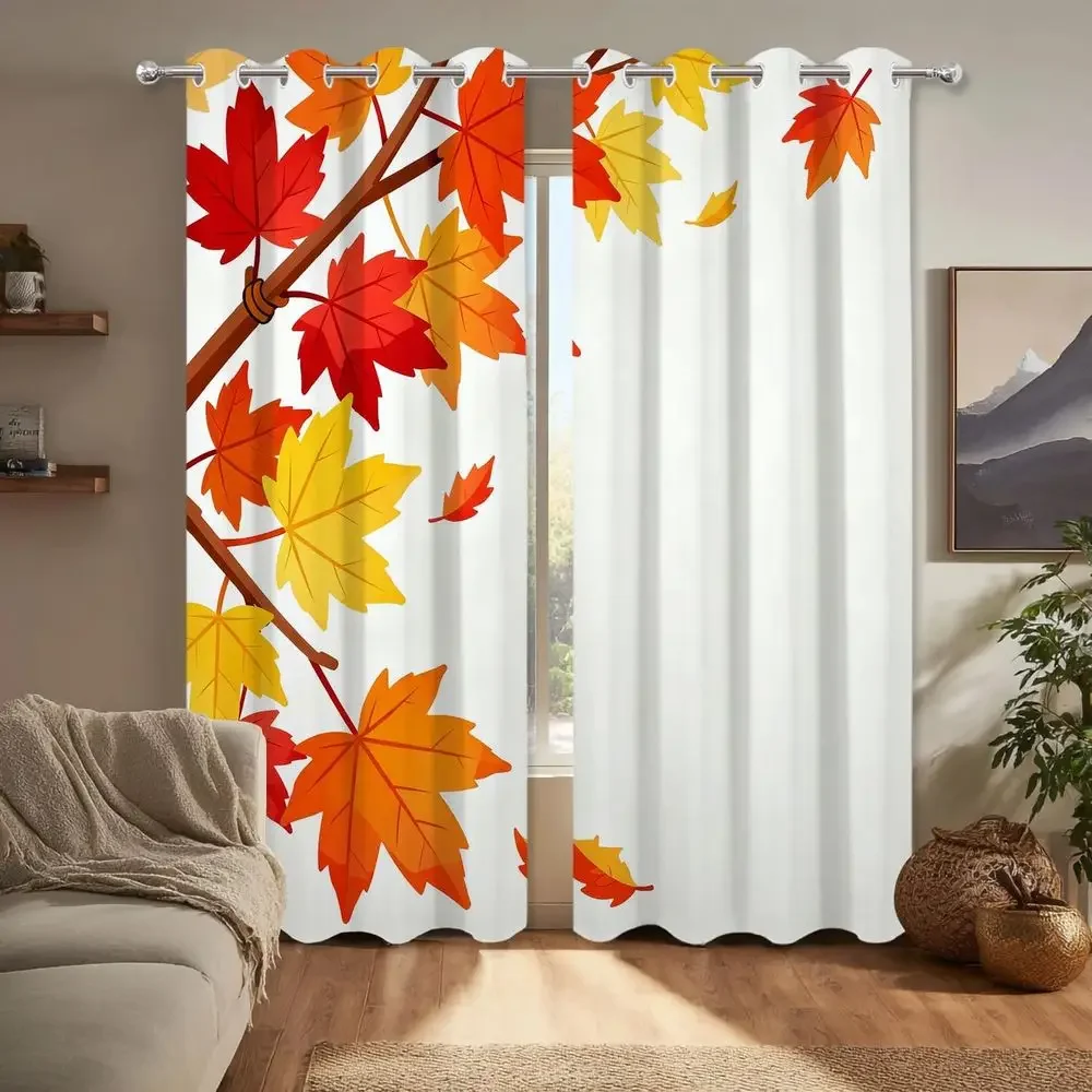 Autumn-Inspired Orange Leaf Thermal Insulated Curtains, 52x84 inches, 2-Panel Set