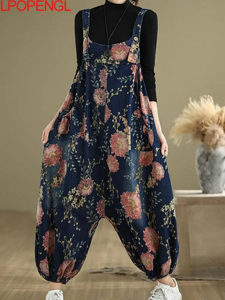 2025 Chinese Style Spring And Autumn Women's Fashion Printing Denim Overalls Loose Casual Bloomers Straight Oversized Jumpsuits