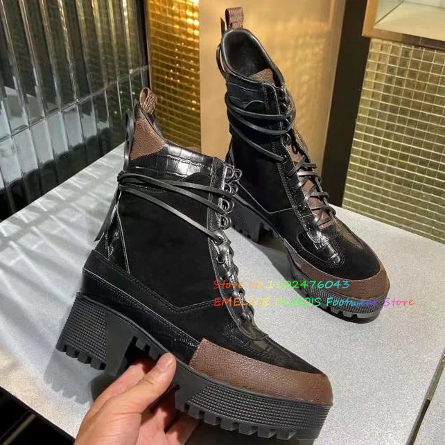 Mixed Color Lace-Up Women Short Boot Round Toe Leather Thick Sole Platform Color Blocking Mesh High Top Warm Boots For Winter