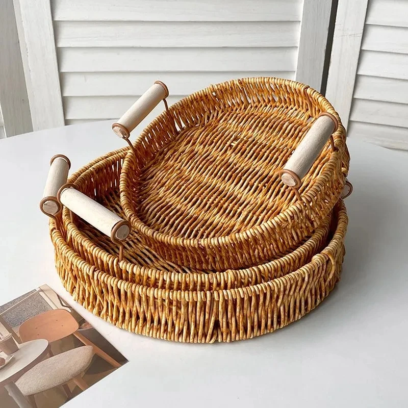 Round Rattan Woven Tray Fruit Breakfast Drinks Snack Tea Storage Basket Desktop Sundries Organizer Bread Plates With Wood Handle