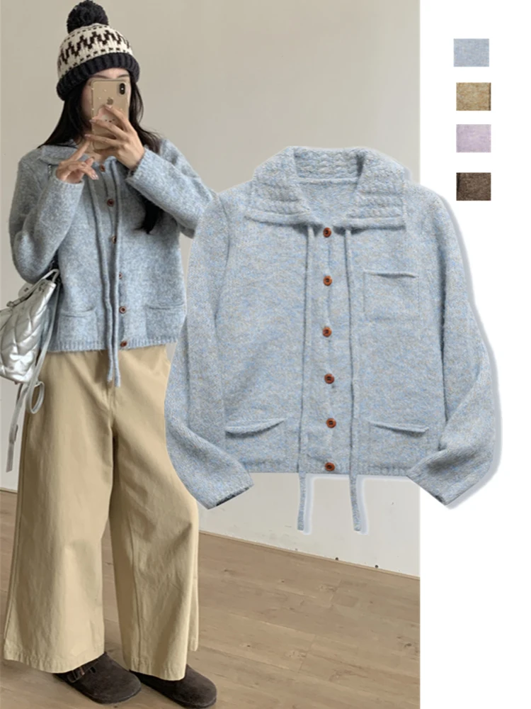 Мягкий вязаный свитер с кетами. Винтажный вязаный простой воротник с поясом. Открытый кардиган на одной пуговице. Свободный крой. Длинный топ све.