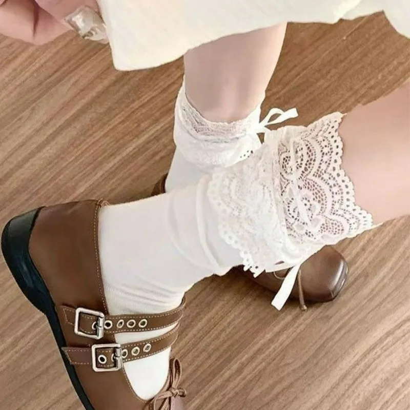 한국 화이트 레이스 트림 양말 달콤한 소녀 패션 귀여운 로리타 Y2K 일본식 양말 단색 중간 길이 리본 보우 여성 양말