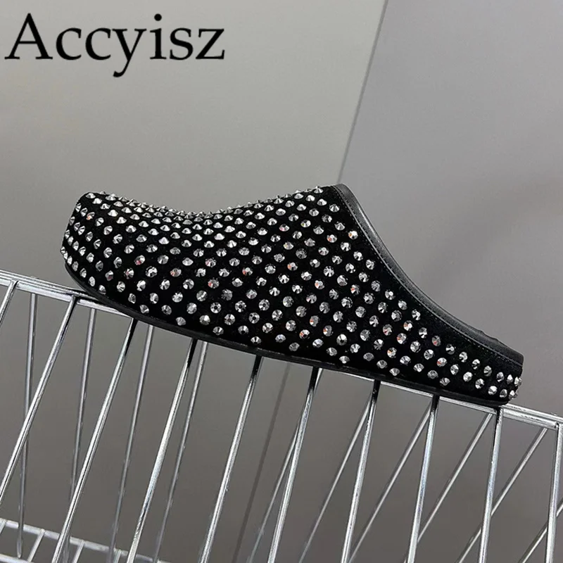 

Spring Autumn Round Toe Lazy Mules Women's Flicker Crystal Flat Bottom Slippers Outdoor Casual Versatile Comfortable Shoes 2024