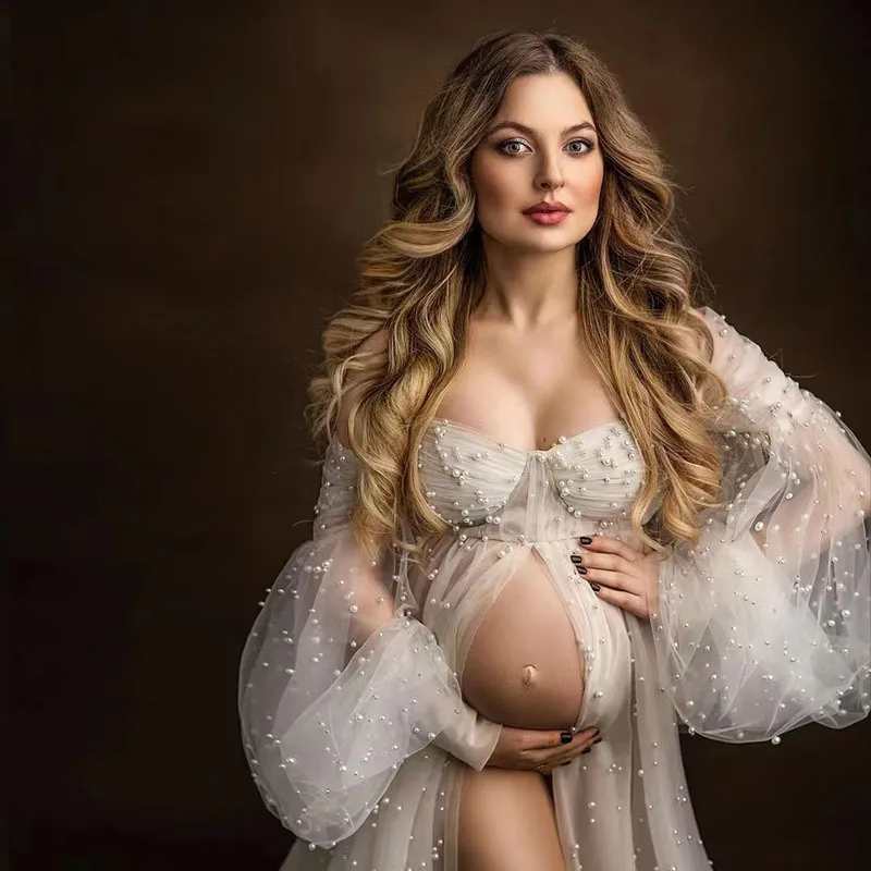 2024 Maternity Photography Props Dress Transparent Tulle Pearl Pregnancy Dress Sexy Clothes For Pregnant Women