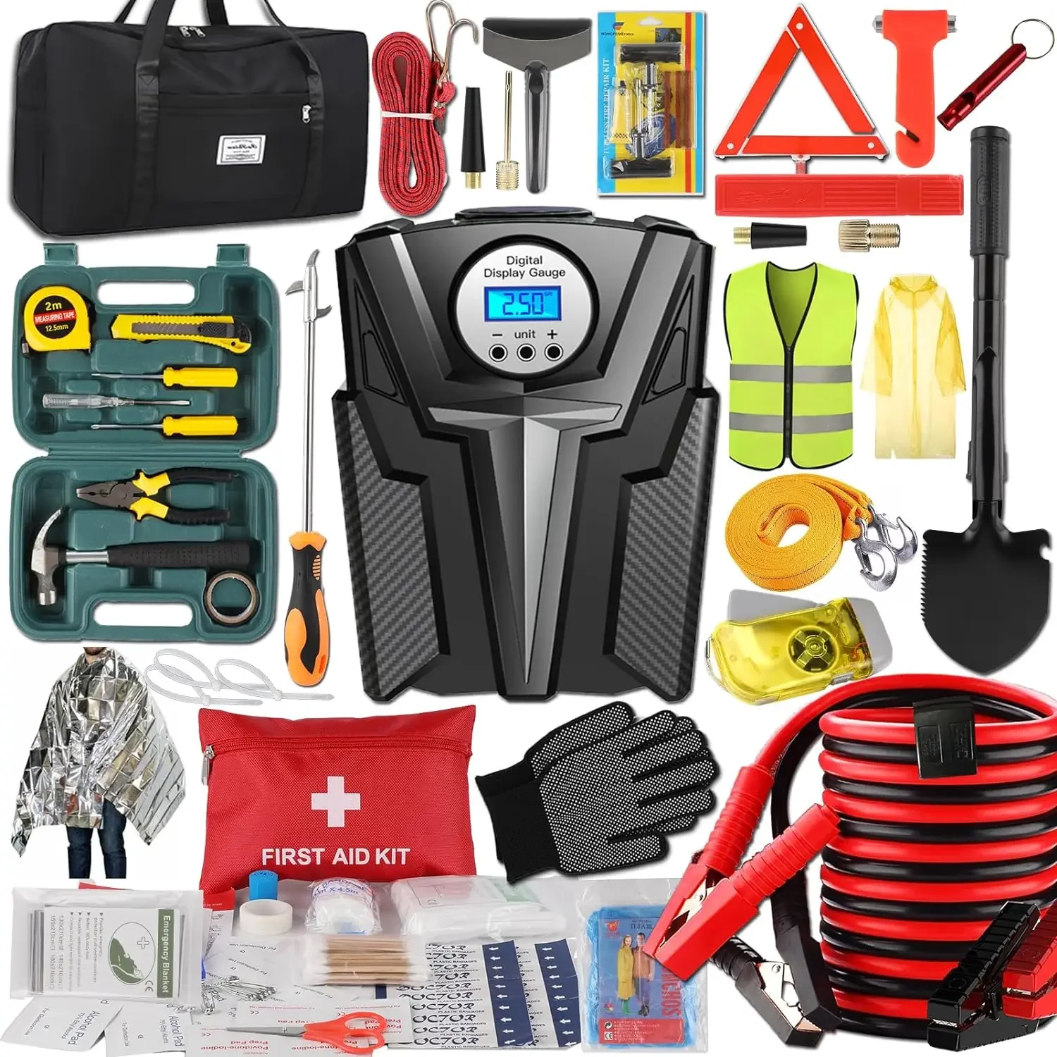 

Car Emergency Kit - Essential Roadside Assistance Emergency Car Kit with Heavy Duty Jumper Cables and Digital Air Compressor for