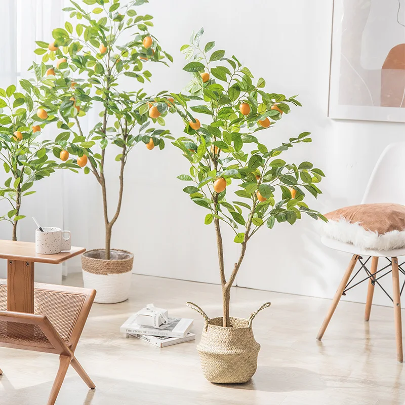 HXL Artificial Lemon Tree Potted Plant for Home Decor, Floor-Standing with Long Branches, Leaves and Fruits