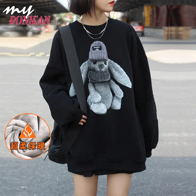 2021 Women Plus Size Fleece Cartoon Pullover Thick Korean Loose Embroidery Women Streetwear Women Kawaii Clothes Sweatshirt