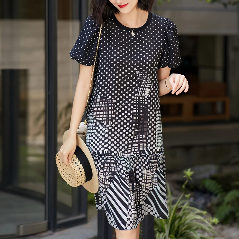 

100% Real Silk Summer Dresses For Women Elegant Fashion O-neck Short Sleeve Dot Print Dress A-line Ruffles Woman Black Dress