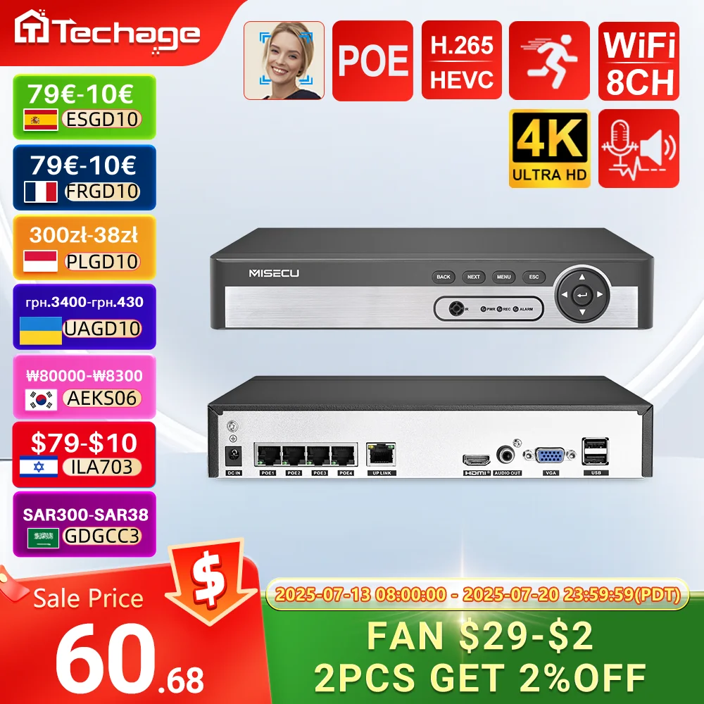 

Techage 8CH 4K POE NVR 8MP 5MP 4MP H.265 Network Video Recorder 2-Way Audio Face Tracking for Surveillance System Security Camer