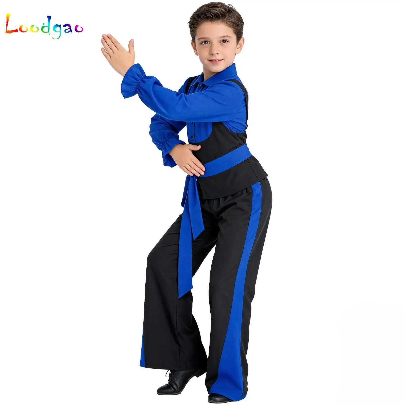 Kids Boys Long Puff Sleeve Pullover Shirt with Pants And Belt Suit Color Block Flamenco Dance Performance Competition Outfits
