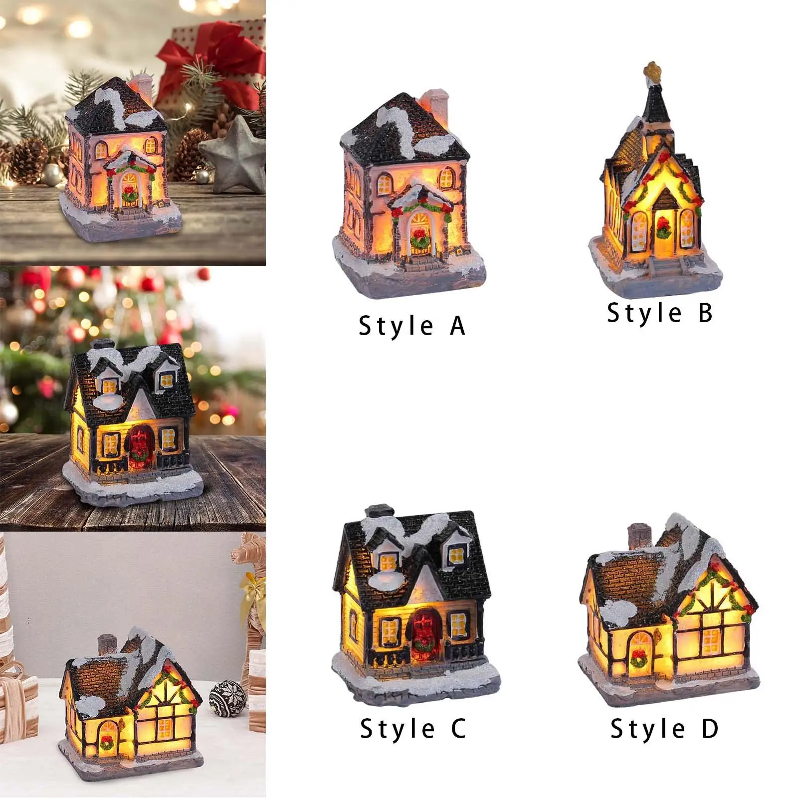 Christmas Lighted House Resin Figurine Desk Centerpiece for Home Decor Miniature Village Scene Ornament