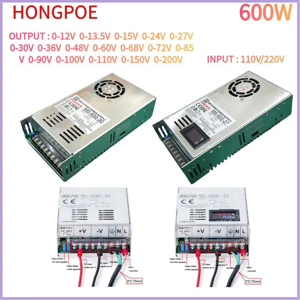 

Регулируемый источник питания 600 Вт с цифровым дисплеем 0-12 В 13,5 В 15 В 24 В 27 В 30 В 36 В 48 В 60 В 68 В 72 В 85 В 90 В 100 В 110 В 150 В 200 В