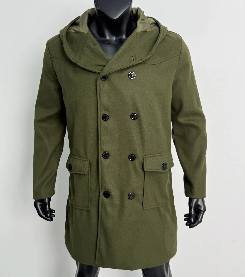 Men Hooded Wool Blends Trench Coat Double Breasted Mid Length Overcoat Work Casual Thick Warm Jacket Pockets Autumn Winter 2026