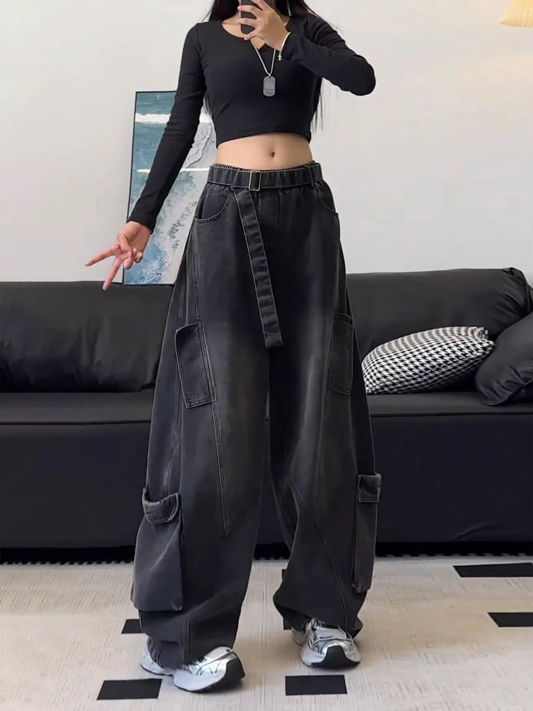 

Loose Wide Leg Workwear Denim Pants Women's High Waist Knife Design Multi-ket Bla ey Casual Trousers for Autumn
