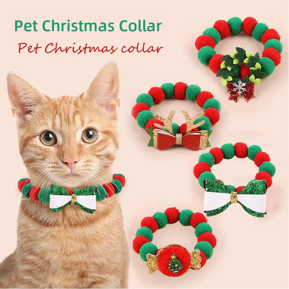 Christmas Cute Dog Cat Plush Ball Necklace Soft Elasticity Collar Pet Neck Accessories Pompom Ball Necklace Gift For Puppy 