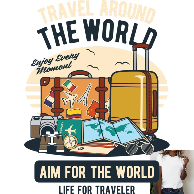 Travel - Themed Heat Transfer White Ink Iron - on Decal, Luggage Map & Camera Patterns, Suitable for T - shirts, Bags &