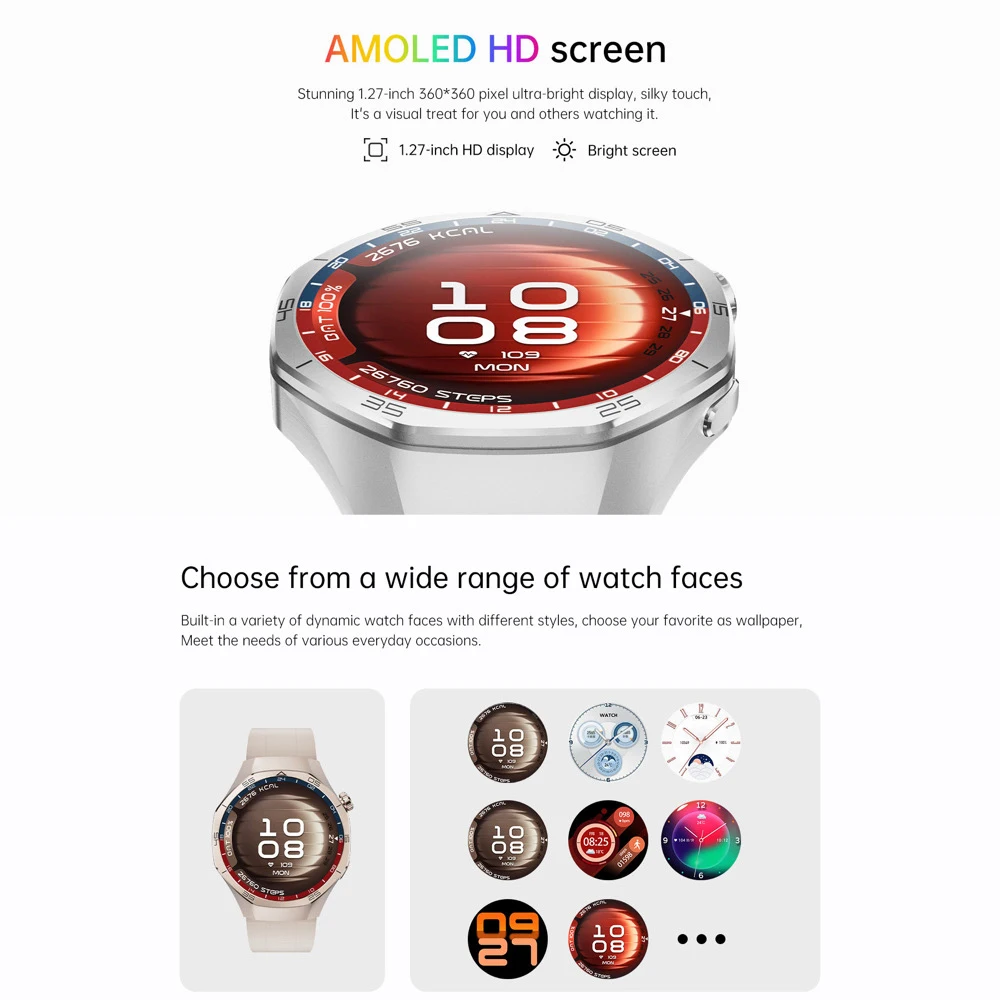 남녀공용 AMOLED 스크린 스마트워치 블루투스 통화 날씨 스포츠 여성용 팔찌 심박수 건강 스마트워치 무선 충전