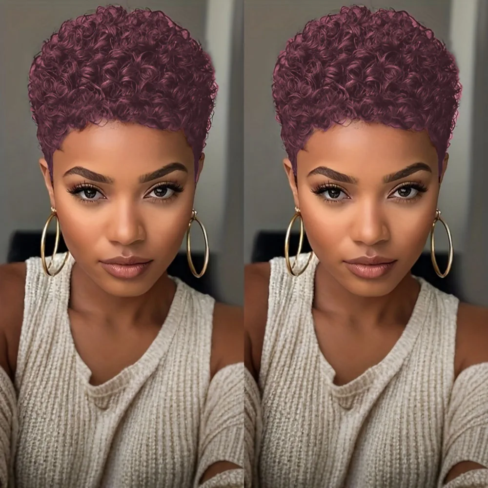 ความหนาแน่น 150% 4 นิ้วเต็มรูปแบบทําวิกผมสั้น Afro Curly วิกผมผมมนุษย์ Afro วิกผมสั้นสําหรับผู้หญิง Pixie ตัดวิกผมผมมนุษย์