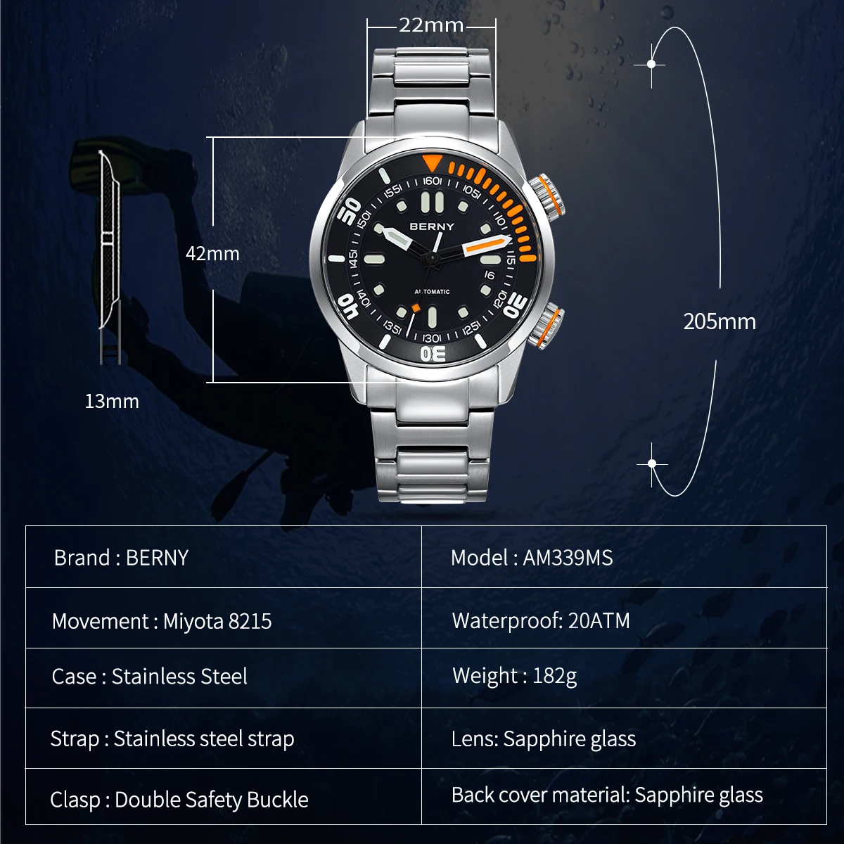 BERNY 20Bar Diver Männer Mechanische Uhr Miyota 8215 Super Leucht Saphir Schwimmen Automatische Selbst Wind Silikon Männer Armbanduhr – Detail 15
