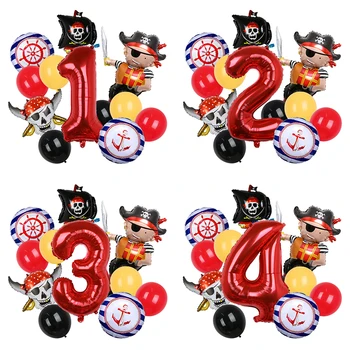 1Set Pirate Theme Red And Black Pirate Ship Foil Balloons Halloween Happy Birthday Party…