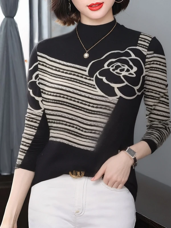 

Elegant Half High Collar Long Sleeve T-Shirt Women's Striped Floral Print Maternity Fashion Warm Base Layer Top