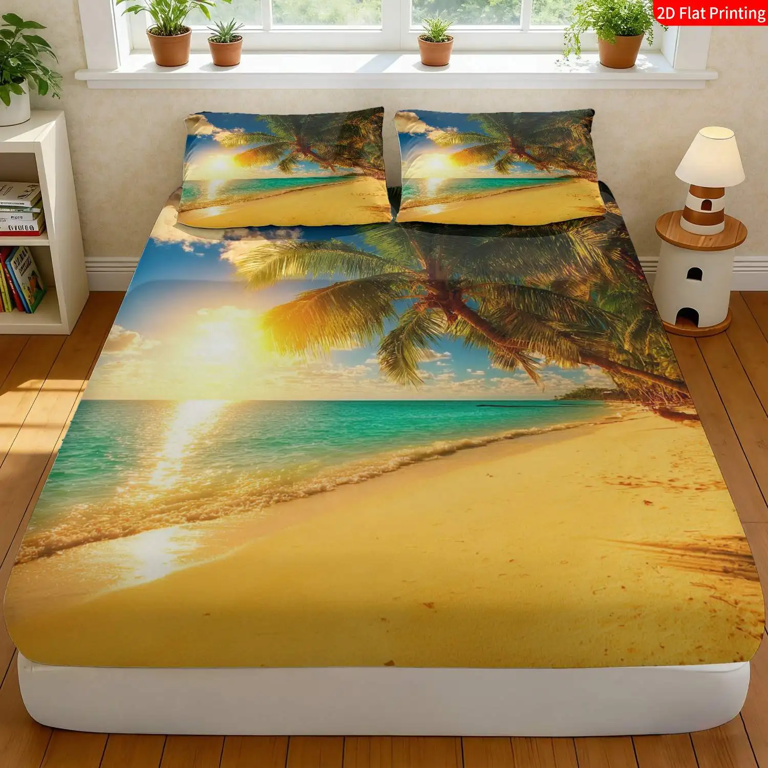 3-Piece Mattress Protector Set, Tropical Beach Bed Sheet Set, Suitable for Bedroom, Hotel and Resort, Palm Tree and Sunset Print Bed Sheet, Machine Washable Bed Cover, 2D Flat Print Mattress Protector, Stain-Resistant, Cozy Mattress Protector Cover, Suitable for All Seasons, Machine Washable and Easy to Care For, Suitable for Home Bedroom, Essential for Dormitories and Rentals, Master Bedroom and Guest Room Decoration, Dust-Proof and Stain-Resistant, High Elasticity, Fits Various Sizes