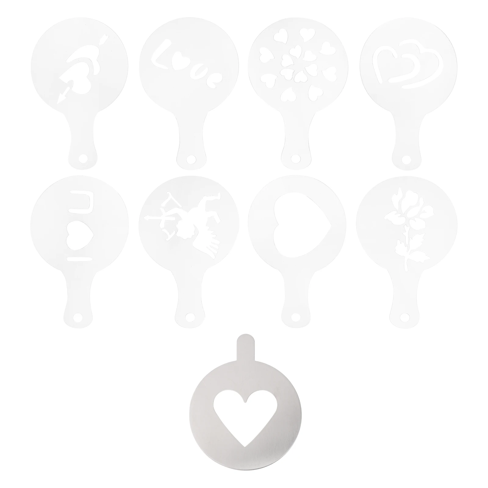

9pcs Coffee Stencils Stainless Steel Reusable Cake Decorating Biscuit Templates for Valentine's Day DIY Baking Projects