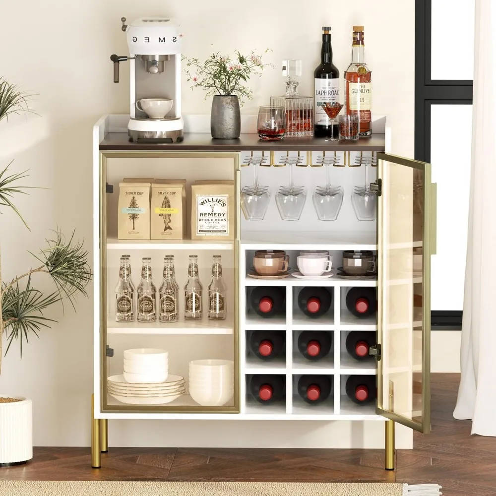 

Coffee Bar Cabinet with Aluminum Frame Glass Door, White Wine Bar & Liquor Cabinet, Modern White Sideboard Buffet Cabinet