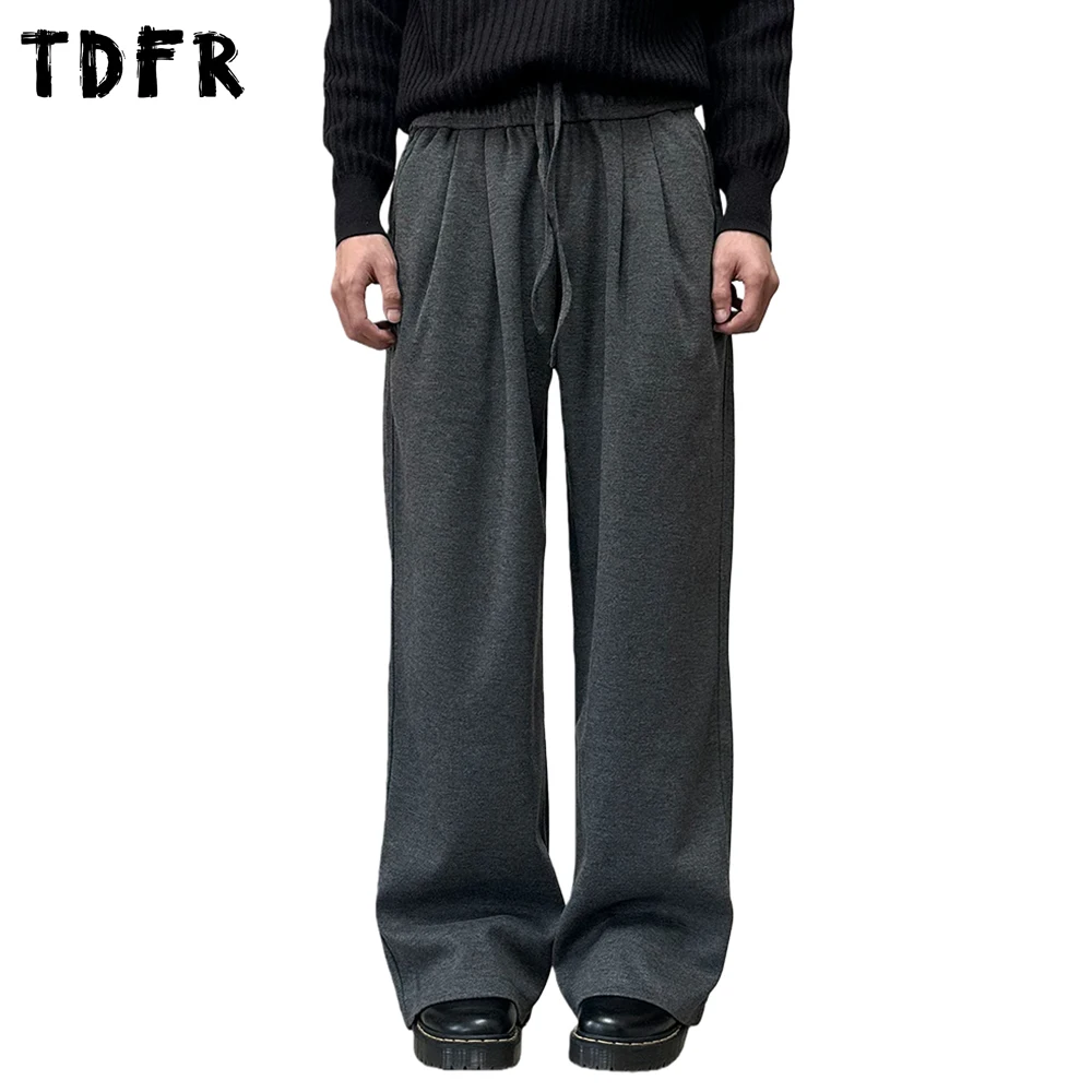 

Solid Color Simple Casual Pants Mens Spring Retro Straight Baggy Drawstring Elastic Waist Wide Leg Pants Man
