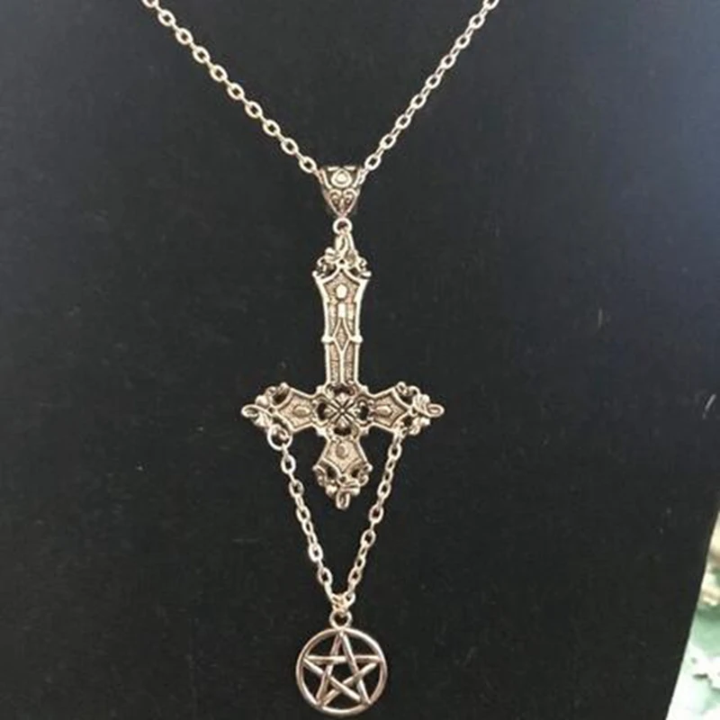 Goth Inverted Cross Necklace Christian Satanic Upside Down Supernatural Gothic Pentagram Steampunk Choker Men Women Gift Bijoux