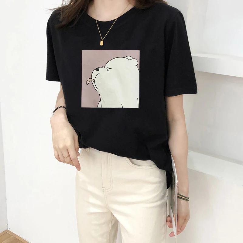 Hirsionsan 100% Cotton T Shirt Women Female Kawaii Bear Print Soft Clothes Oversized Tops Casual Ins 2023 Harajuku Chic Tees