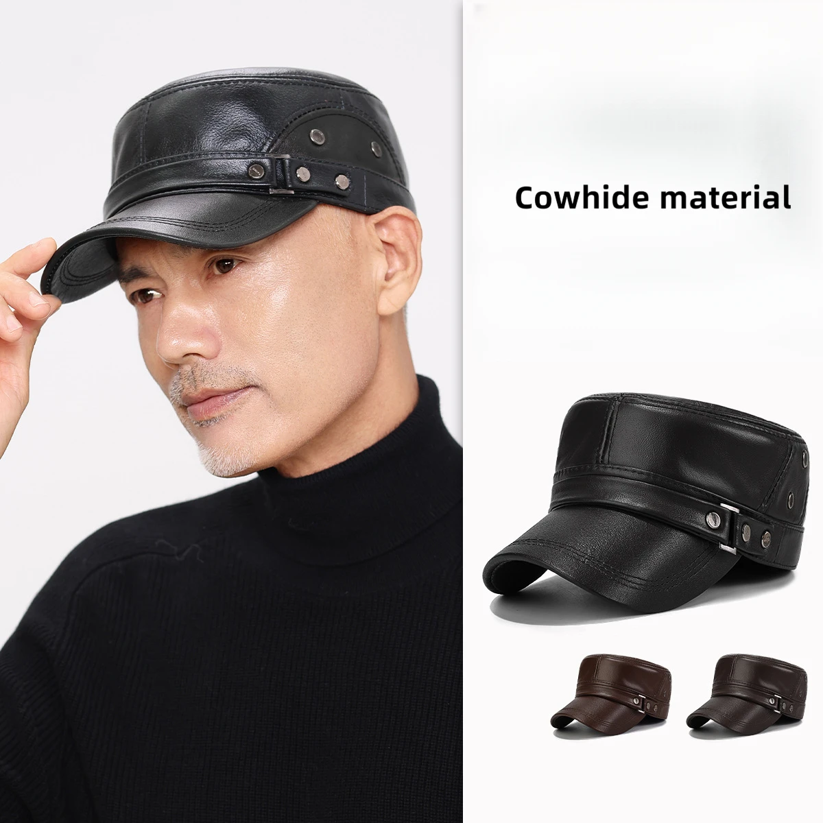 قبعة بيسبول مسطحة للخريف/الشتاء للرجال - قبعة كاجوال من جلد البقر الأصلي (56-60 سم) مع ديكور برشام #1