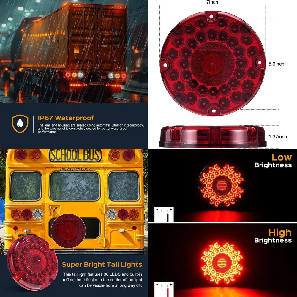 7 36 LED Round Brake Tail Lights for School Buses and Transit Vehicles with Inner Reflex Lens