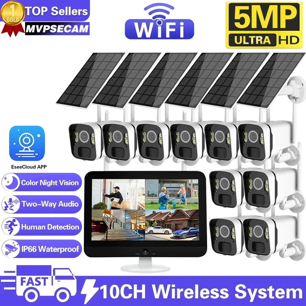 

10CH 5MP NVR Wireless Solar Panel Battery WIFI Camera WiFi NVR Video Surveillance Security System Kit With PIR Detection Monitor