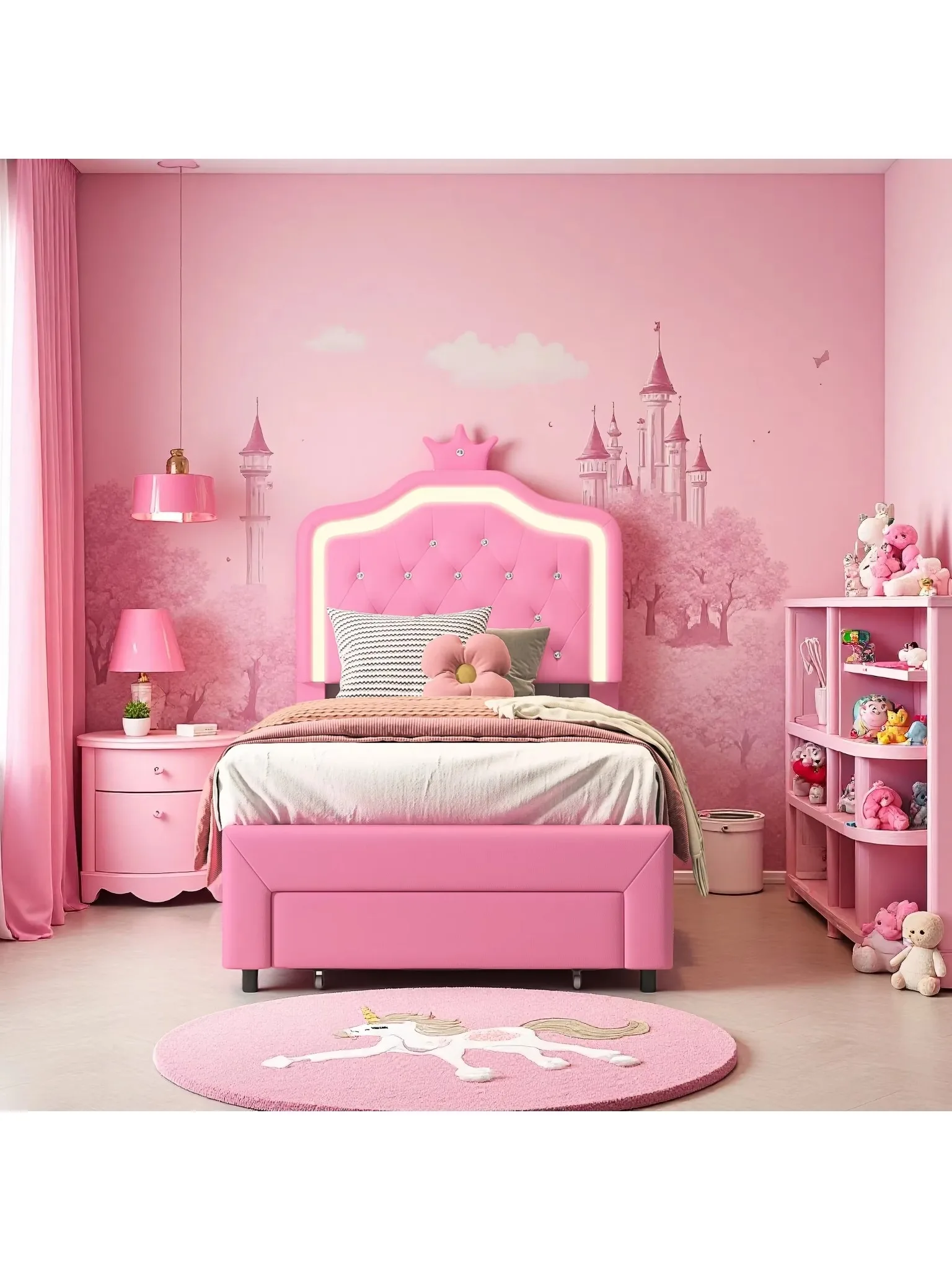Rosahqnda kinderbed 90 x 200 cm, gestoffeerd bed met lattenbodem prinsessenbed, meisjesbed, eenpersoonsbed, tienerbed, PU - afbeelding 2
