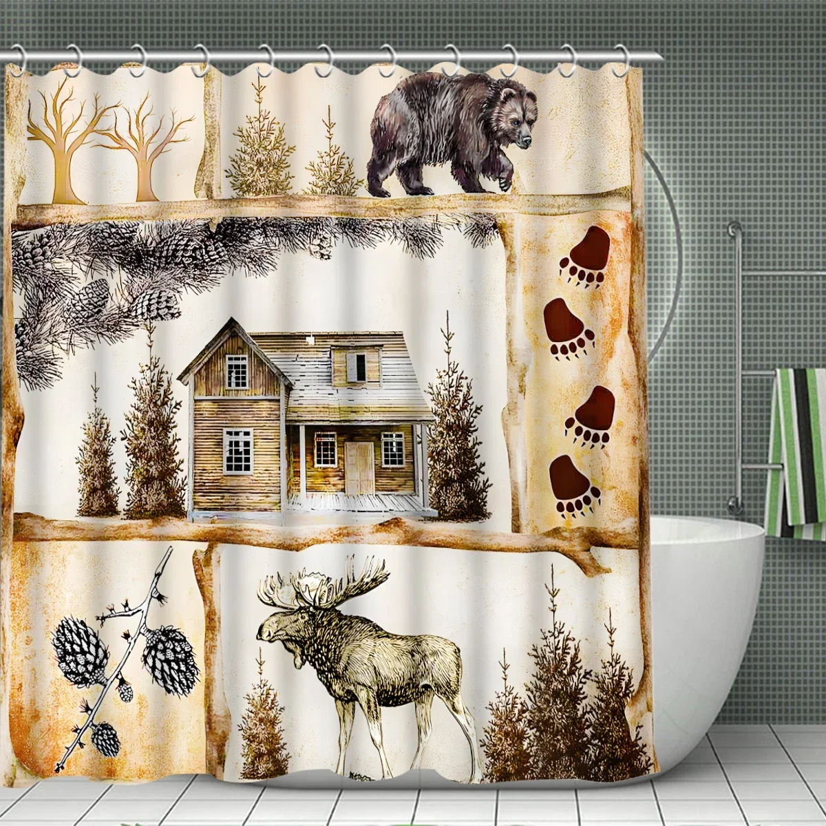 Forest Cabin Bathroom Set Woodland Animal Shower Curtain Set Non-Slip Rugs Toilet Cover U-Shape Mat Nordic Nature Bathroom Decor