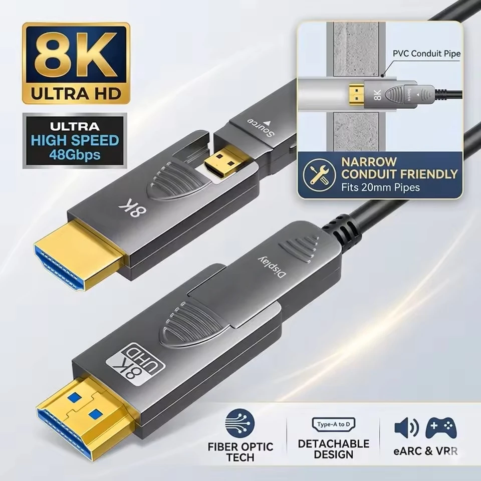 8K Optic Fiber HDMI 2.1 Cable with Detachable Zinc Alloy Connectors, Easy for Wall Pipe Threading, 48Gbps HDR for TV Projector