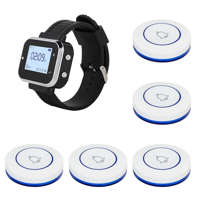 Беспроводная система вызова ABHU, 5 настольных кнопок вызова, передатчики, 1 пейджер для часов, звонок для официанта в ресторане, зуммер