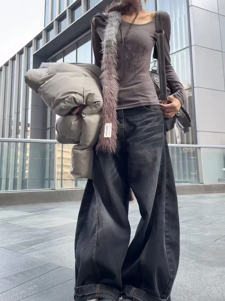 تي شيرت حريمي مفرغ بياقة مائلة مكشوفة الأكتاف وأكمام طويلة نحيفة Y2k Harajuku تي شيرت نسائي للخريف غير رسمي #3