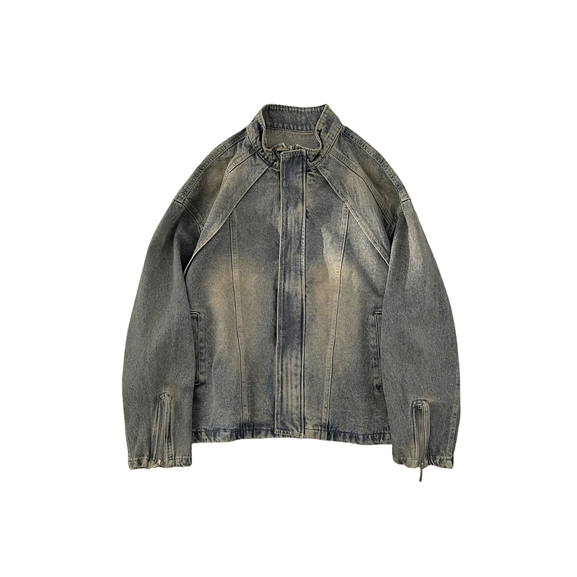 

Мужская джинсовая куртка, осень 202, деконструированная джинсовая куртка, модная ретро-модная повседневная куртка Bad Boy Vibe с воротником-стойкой на молнии