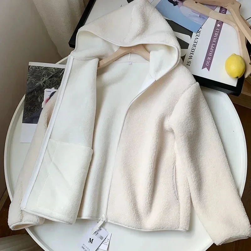 

New Spring Autumn Women's Jacket Loose Hooded Cardigan Temperament Ladies Coat Casual Fluffy Fleece Simplicity Lady Outerwear