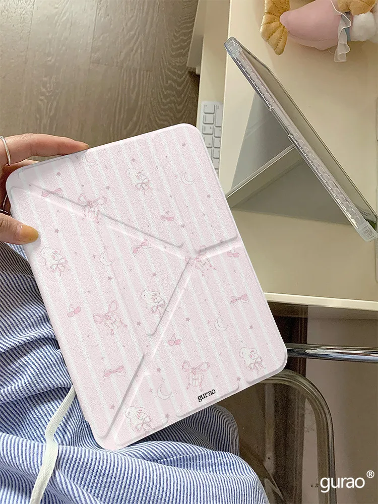 

Чехол для iPad с рисунком розового полосатого кролика для iPad 11 Air 7 6 10 10,2 дюйма/10,9 дюйма Mini 7 Cute Y+ Fold, противоударный чехол с отделением для карандаша