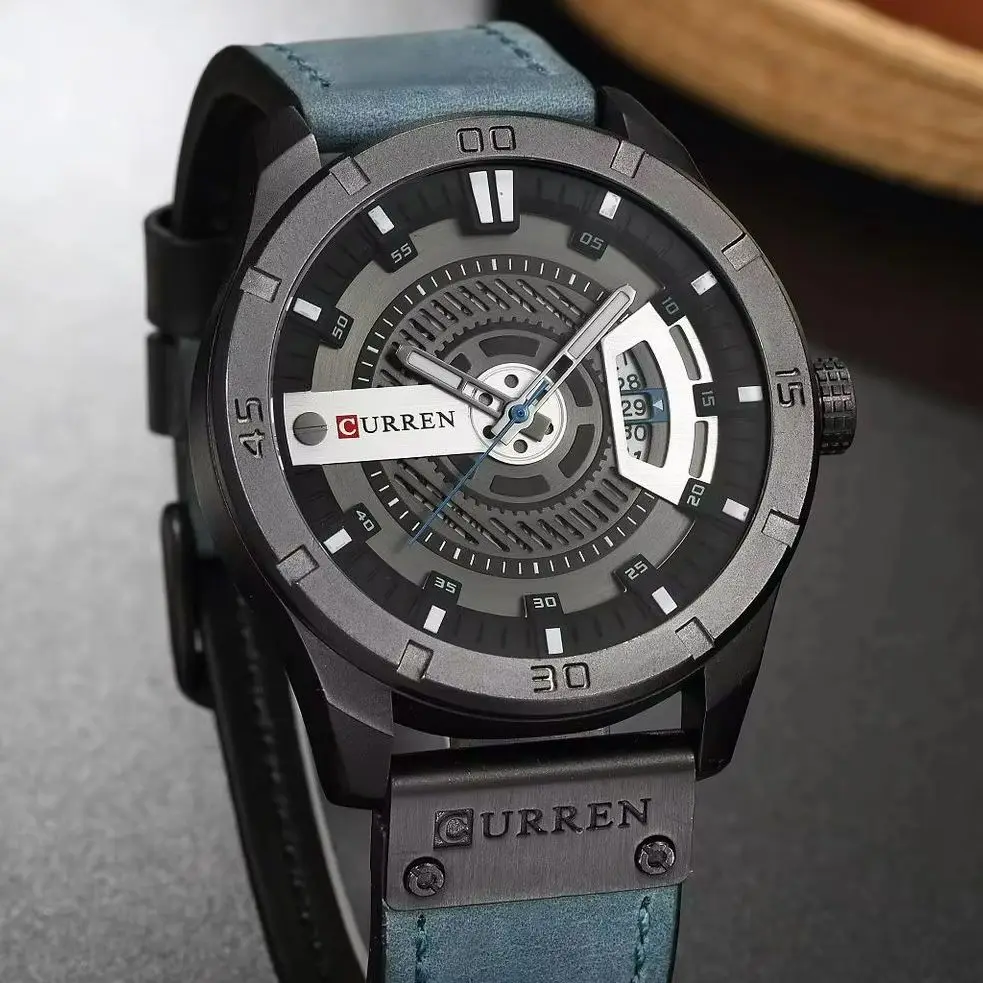 CURREN Luxury Military Skeleton Dial Men Leather Quartz Analog Wrist Watch Date Display Relogio Masculine