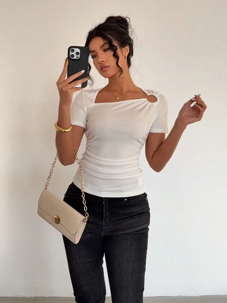 High cold imperial style T-shirt for summer women's clothing, slim fit and waist cinching, solid color short sleeved top