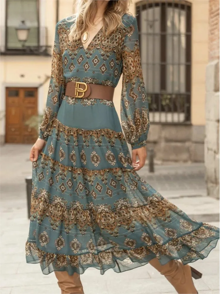 

Women Ethnic Retro Geometric Printed Boho Long Dresses Elegant V Neck Hem Pleated Party Autumn Long Sleeve A-Line Maxi Vestidos