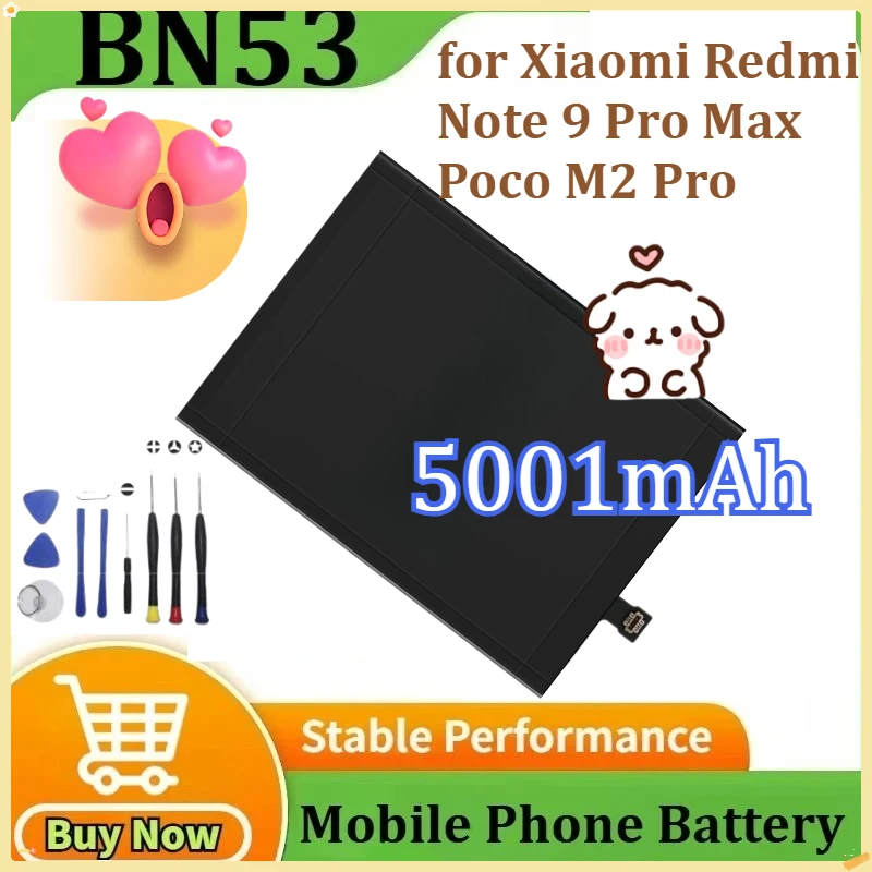 

New BN53 Mobile Phone Battery for Xiaomi Redmi Note 9 Pro Max / Poco M2 Pro Phone Batteries 5001mAh+Tools