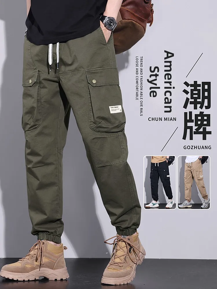 

Retro American Work Pants Men's Spring Autumn Heavyweight Pure Cotton Loose Cuffed Casual Long Trousers Anti-Tear