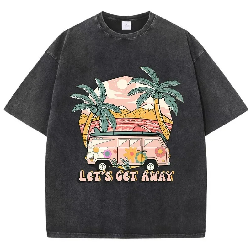 

Harajuku washed vintage T-shirt, summer men's clothing, daily travel and vacation T-shirt, fashionable street top