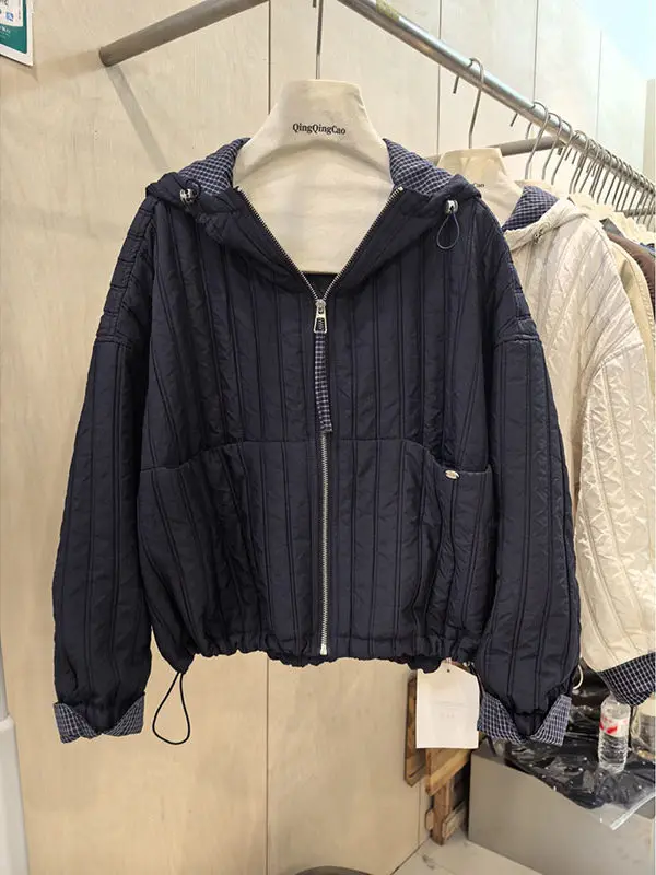 Casual Loose Versatile Cotton Jacket Women's Design Sense Plaid Splicing Elegant Outerwear Autumn Winter New Arrival